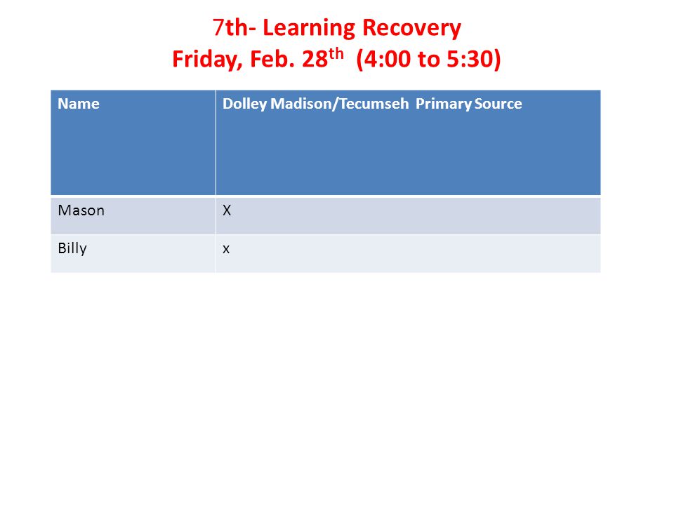7th- Learning Recovery Friday, Feb.