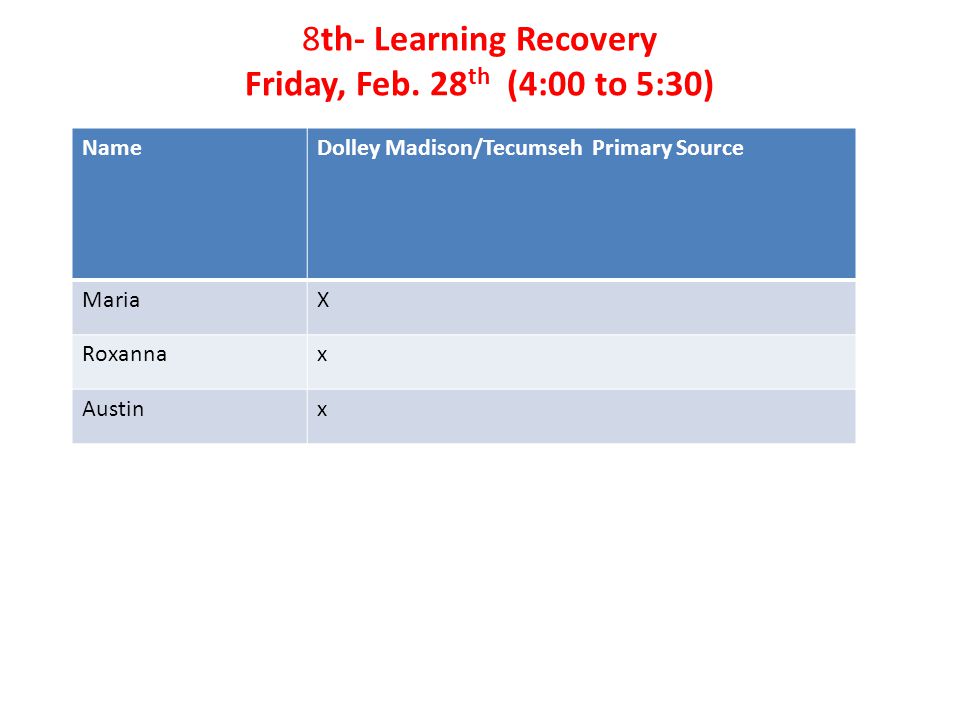 8th- Learning Recovery Friday, Feb.