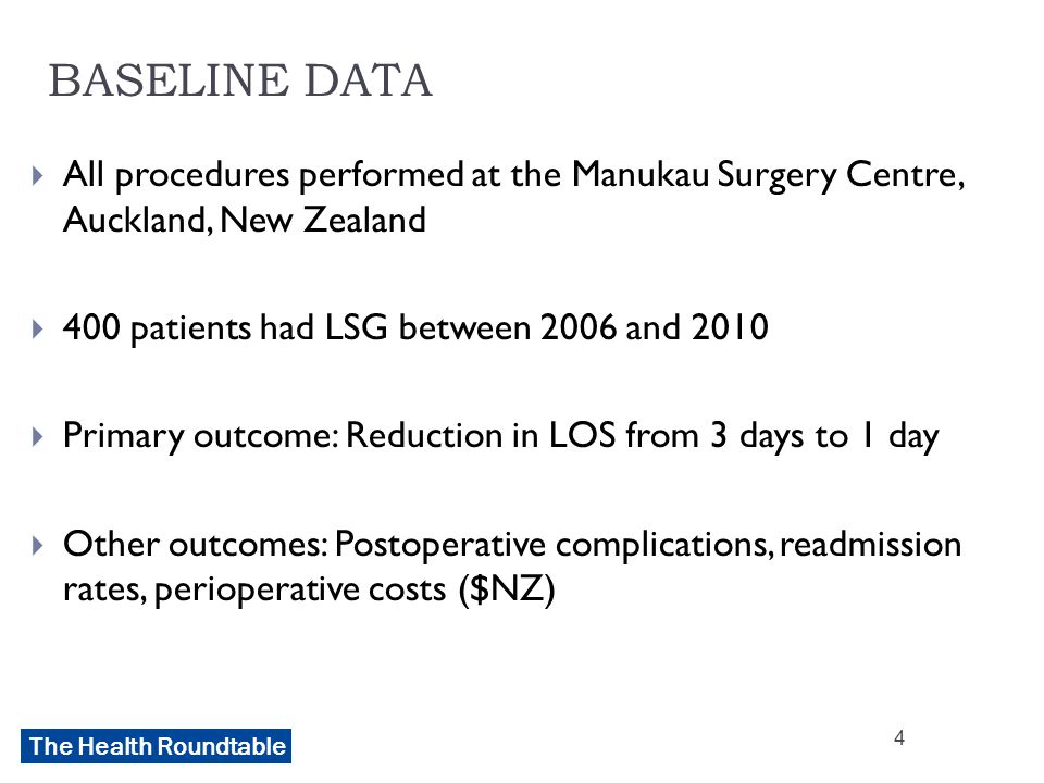 The Health Roundtable BASELINE DATA  All procedures performed at the Manukau Surgery Centre, Auckland, New Zealand  400 patients had LSG between 2006 and 2010  Primary outcome: Reduction in LOS from 3 days to 1 day  Other outcomes: Postoperative complications, readmission rates, perioperative costs ($NZ) 4