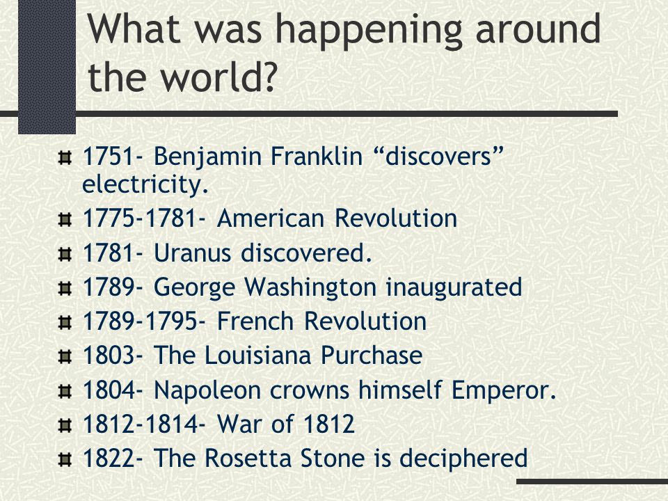 What was happening around the world Benjamin Franklin discovers electricity.