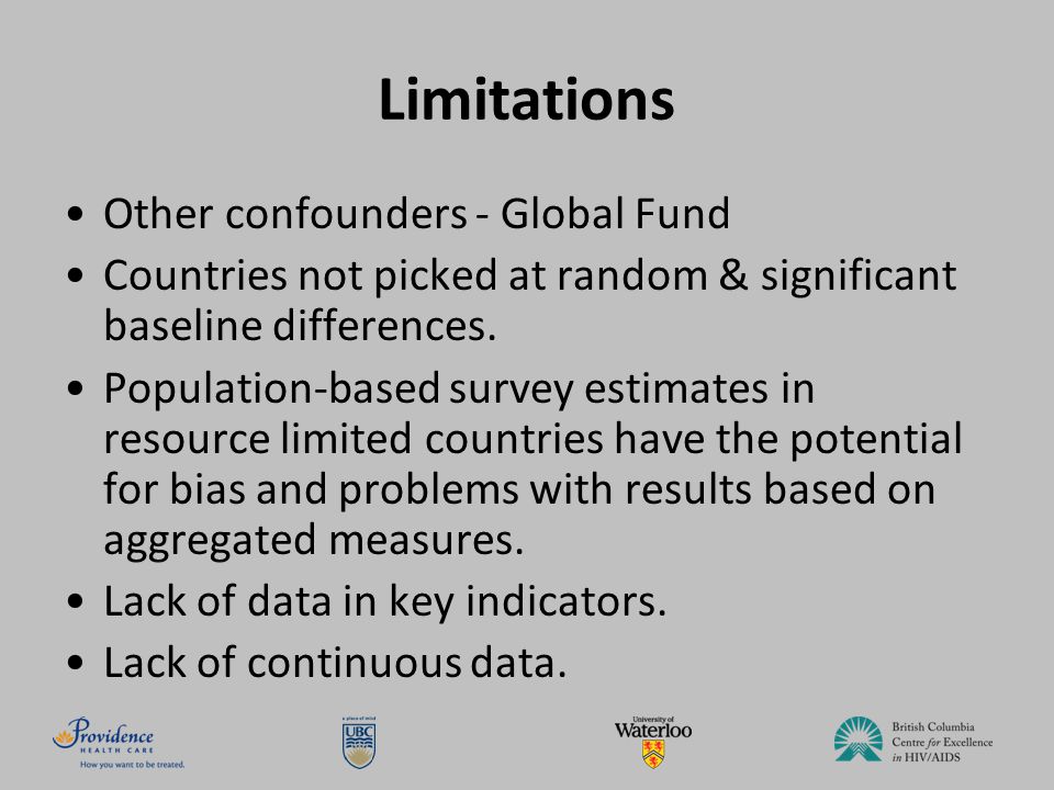 Limitations Other confounders - Global Fund Countries not picked at random & significant baseline differences.