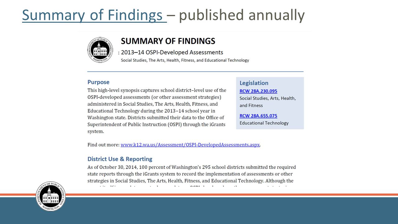 Summary of Findings Summary of Findings – published annually