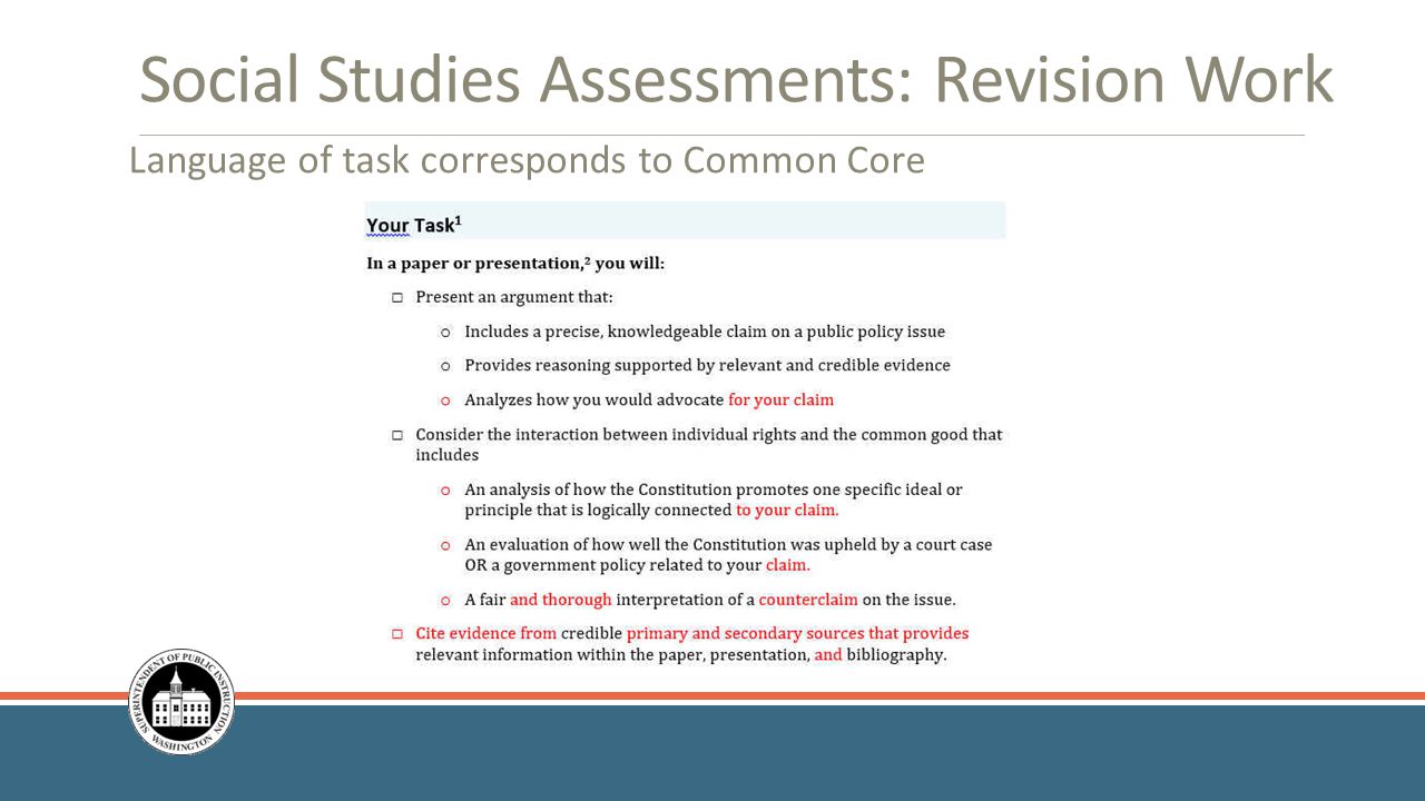 Social Studies Assessments: Revision Work Language of task corresponds to Common Core