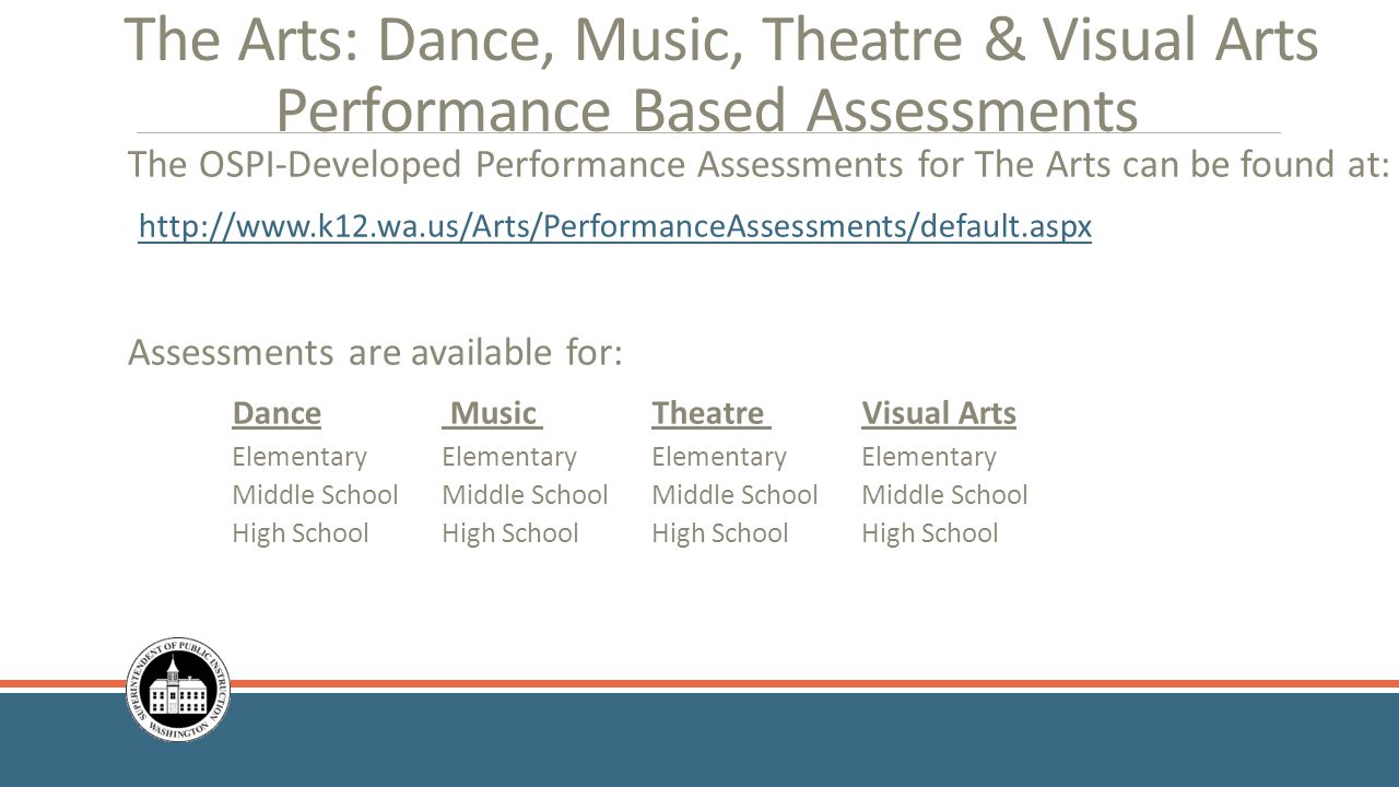 The Arts: Dance, Music, Theatre & Visual Arts Performance Based Assessments The OSPI-Developed Performance Assessments for The Arts can be found at:   Assessments are available for: Dance Music Theatre Visual Arts ElementaryElementary Elementary Elementary Middle School Middle SchoolMiddle SchoolMiddle School High School High School High School High School