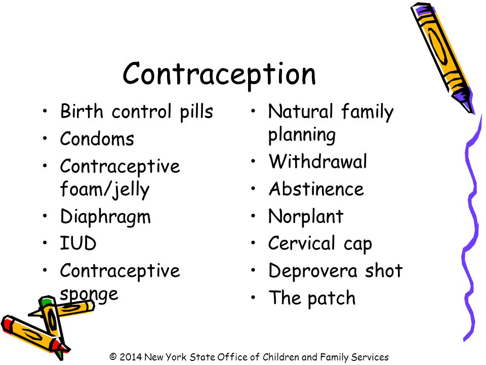 Contraception Birth control pills Condoms Contraceptive foam/jelly Diaphragm IUD Contraceptive sponge Natural family planning Withdrawal Abstinence Norplant Cervical cap Deprovera shot The patch © 2014 New York State Office of Children and Family Services