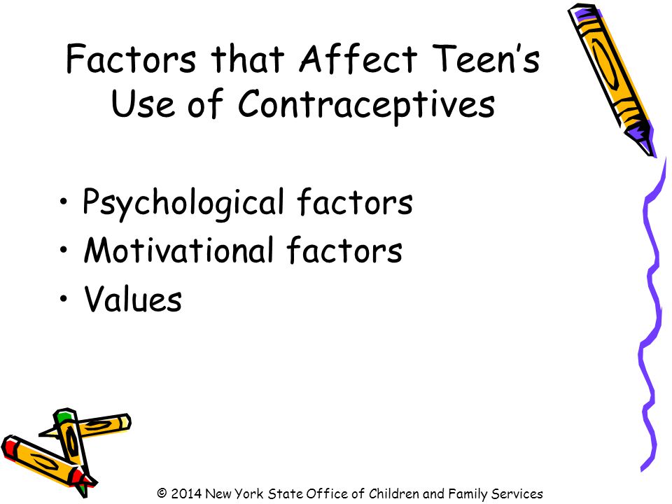 Factors that Affect Teen’s Use of Contraceptives Psychological factors Motivational factors Values © 2014 New York State Office of Children and Family Services