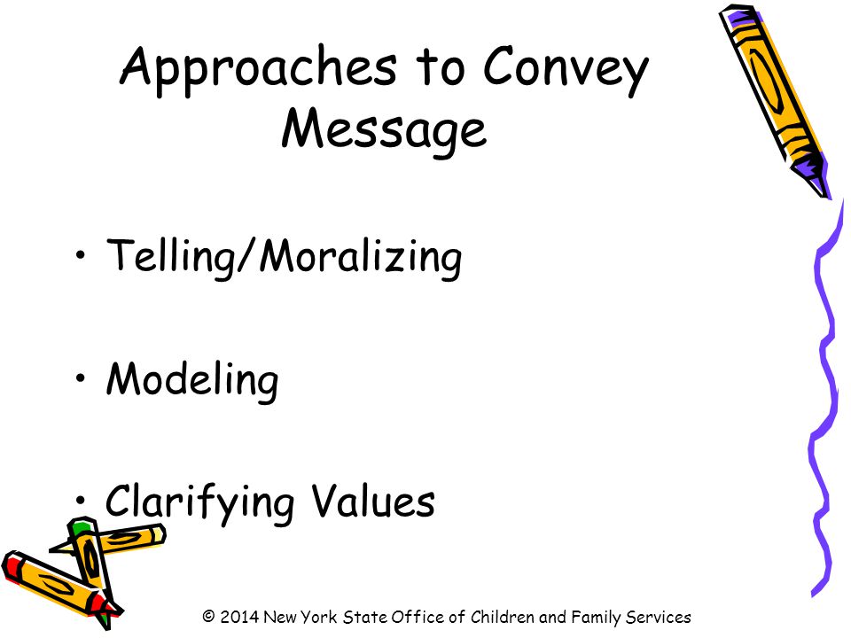 Approaches to Convey Message Telling/Moralizing Modeling Clarifying Values © 2014 New York State Office of Children and Family Services