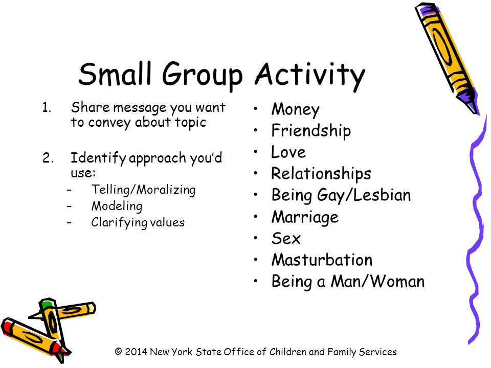 Small Group Activity 1.Share message you want to convey about topic 2.Identify approach you’d use: –Telling/Moralizing –Modeling –Clarifying values Money Friendship Love Relationships Being Gay/Lesbian Marriage Sex Masturbation Being a Man/Woman © 2014 New York State Office of Children and Family Services