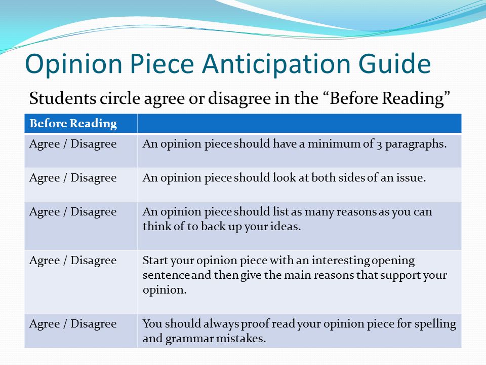 Opinion Piece Anticipation Guide Students circle agree or disagree in the Before Reading Before Reading Agree / DisagreeAn opinion piece should have a minimum of 3 paragraphs.