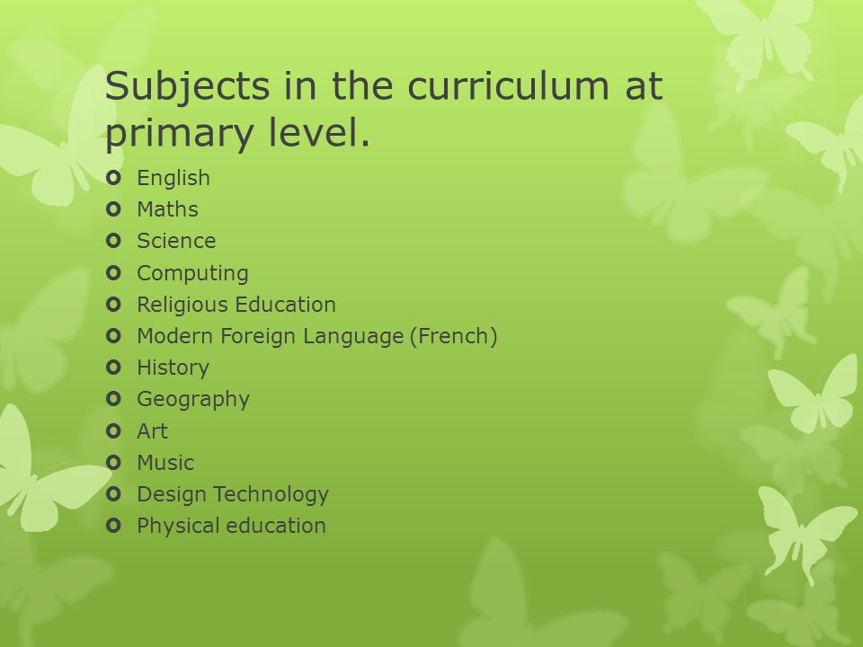 Subjects in the curriculum at primary level.