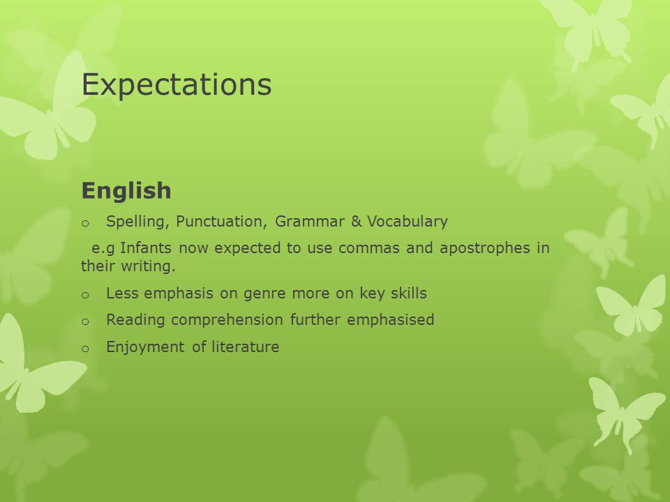Expectations English o Spelling, Punctuation, Grammar & Vocabulary e.g Infants now expected to use commas and apostrophes in their writing.