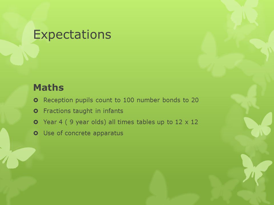Expectations Maths  Reception pupils count to 100 number bonds to 20  Fractions taught in infants  Year 4 ( 9 year olds) all times tables up to 12 x 12  Use of concrete apparatus
