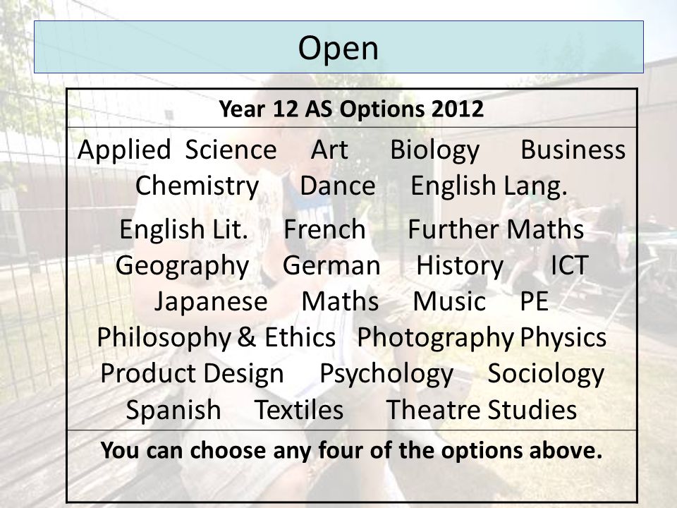 Open Year 12 AS Options 2012 Applied Science Art Biology Business Chemistry Dance English Lang.