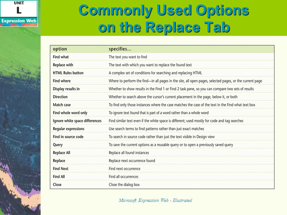 Commonly Used Options on the Replace Tab Microsoft Expression Web - Illustrated