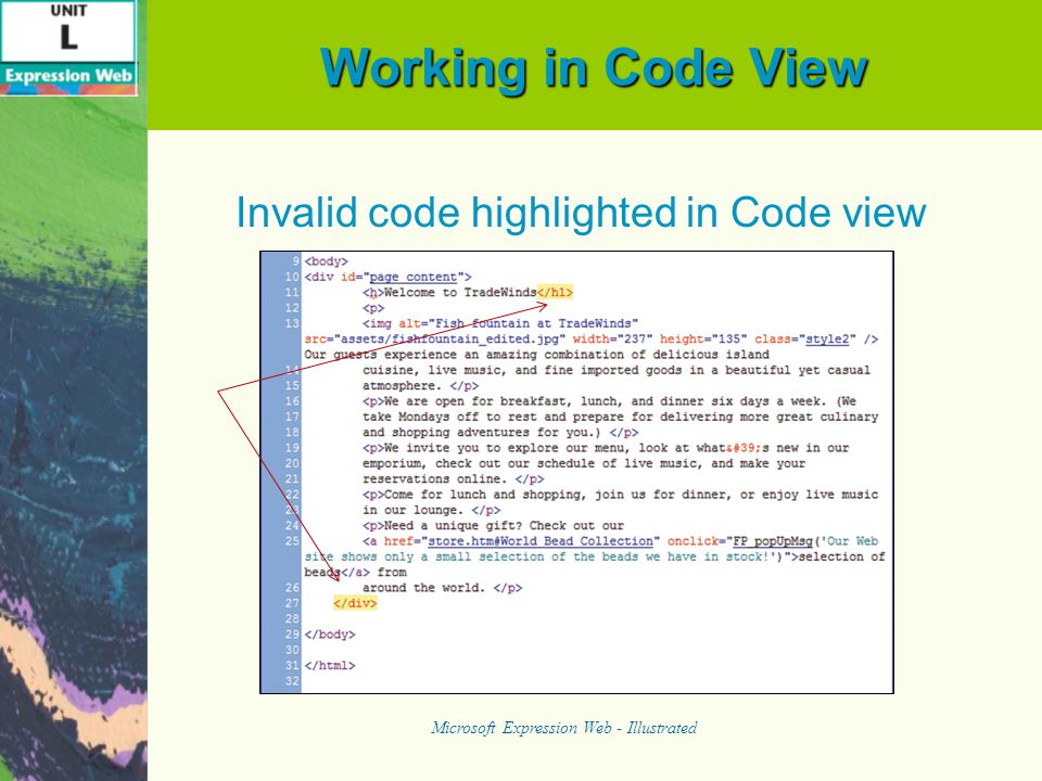Working in Code View Invalid code highlighted in Code view Microsoft Expression Web - Illustrated