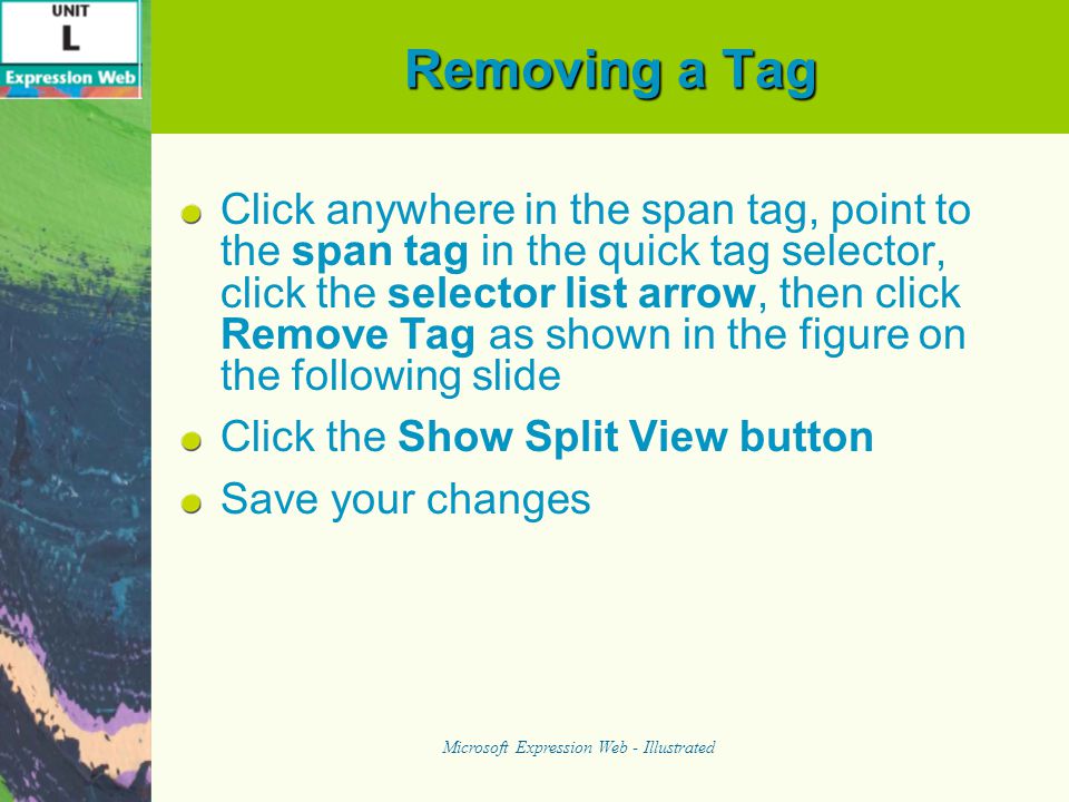 Removing a Tag Click anywhere in the span tag, point to the span tag in the quick tag selector, click the selector list arrow, then click Remove Tag as shown in the figure on the following slide Click the Show Split View button Save your changes Microsoft Expression Web - Illustrated