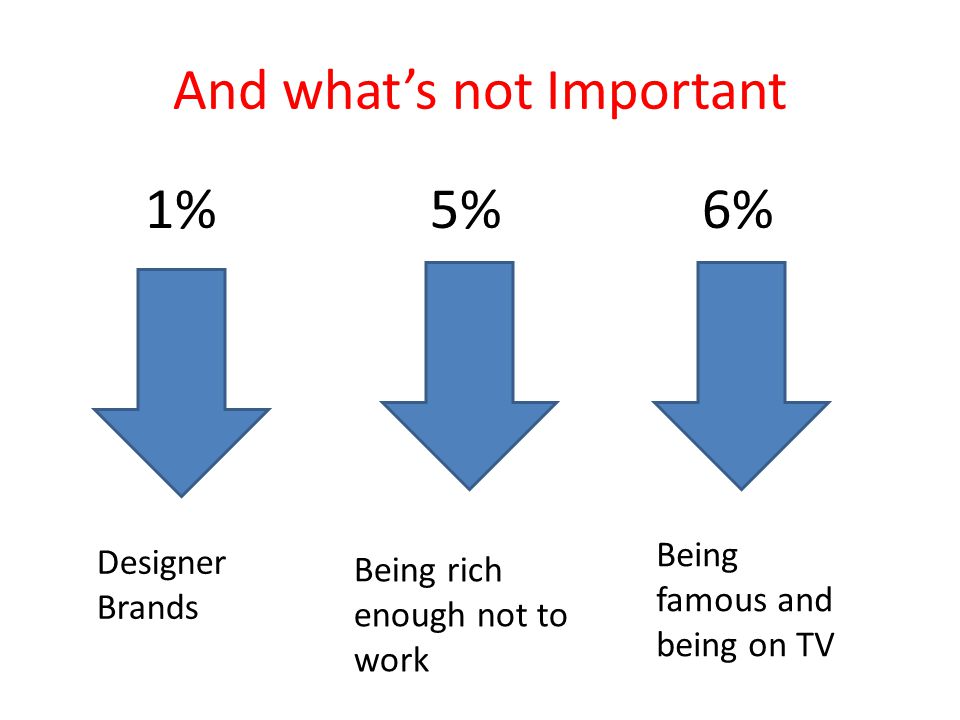 And what’s not Important 1% 5% 6% Designer Brands Being rich enough not to work Being famous and being on TV