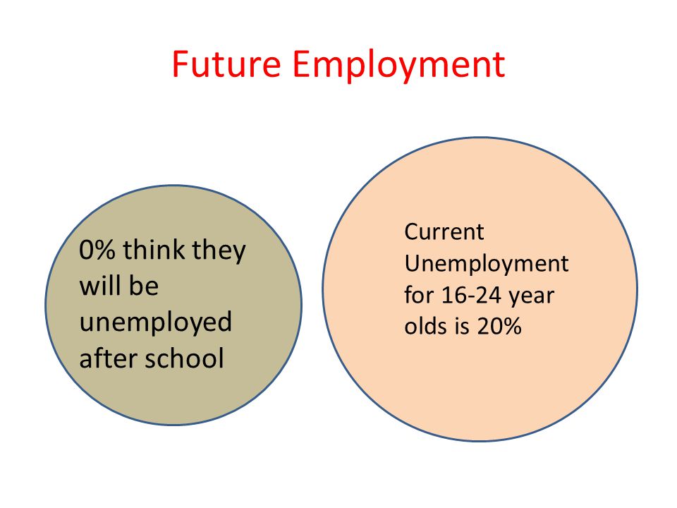 Future Employment 0% think they will be unemployed after school Current Unemployment for year olds is 20%