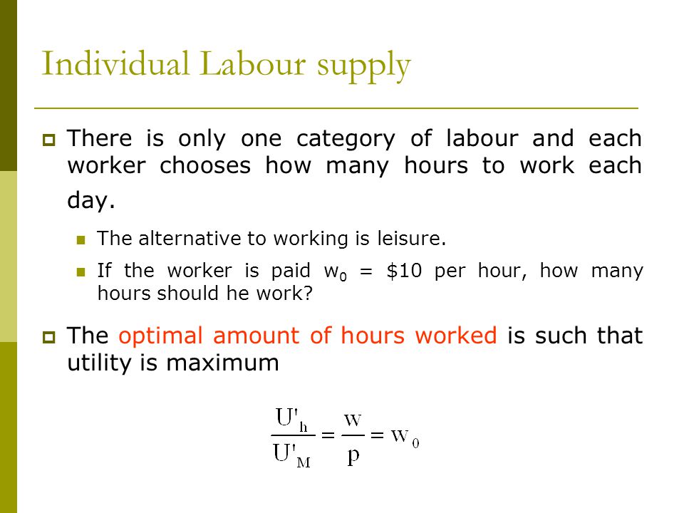 Individual Labour supply  There is only one category of labour and each worker chooses how many hours to work each day.