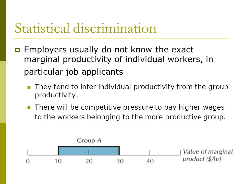 Statistical discrimination  Employers usually do not know the exact marginal productivity of individual workers, in particular job applicants They tend to infer individual productivity from the group productivity.