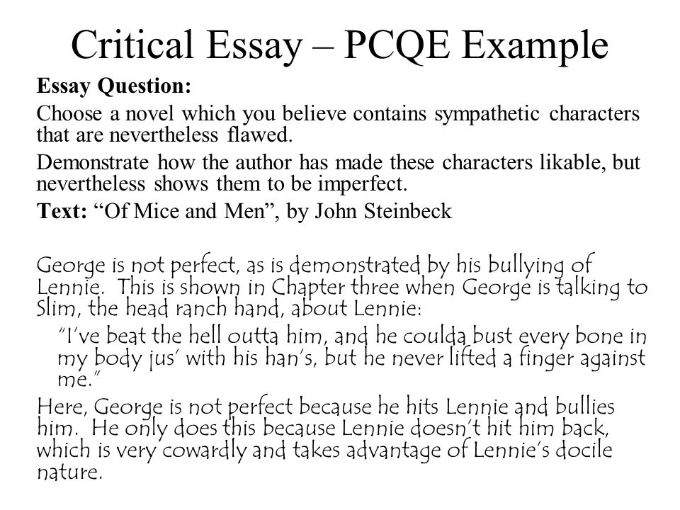 Critical Essay – PCQE Example Essay Question: Choose a novel which you believe contains sympathetic characters that are nevertheless flawed.