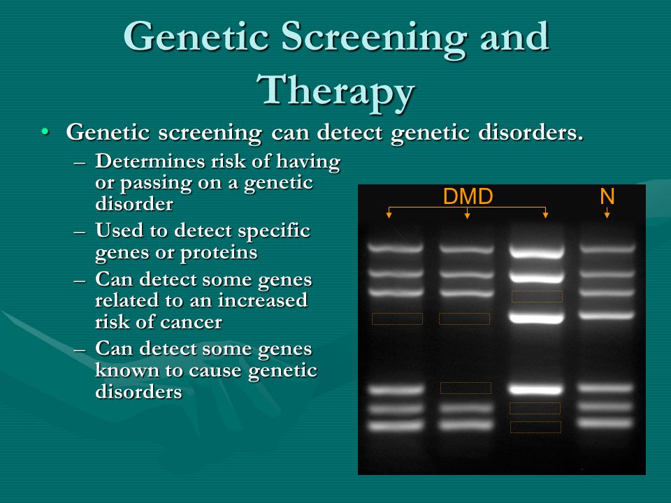 Genetic Screening and Therapy Genetic screening can detect genetic disorders.Genetic screening can detect genetic disorders.