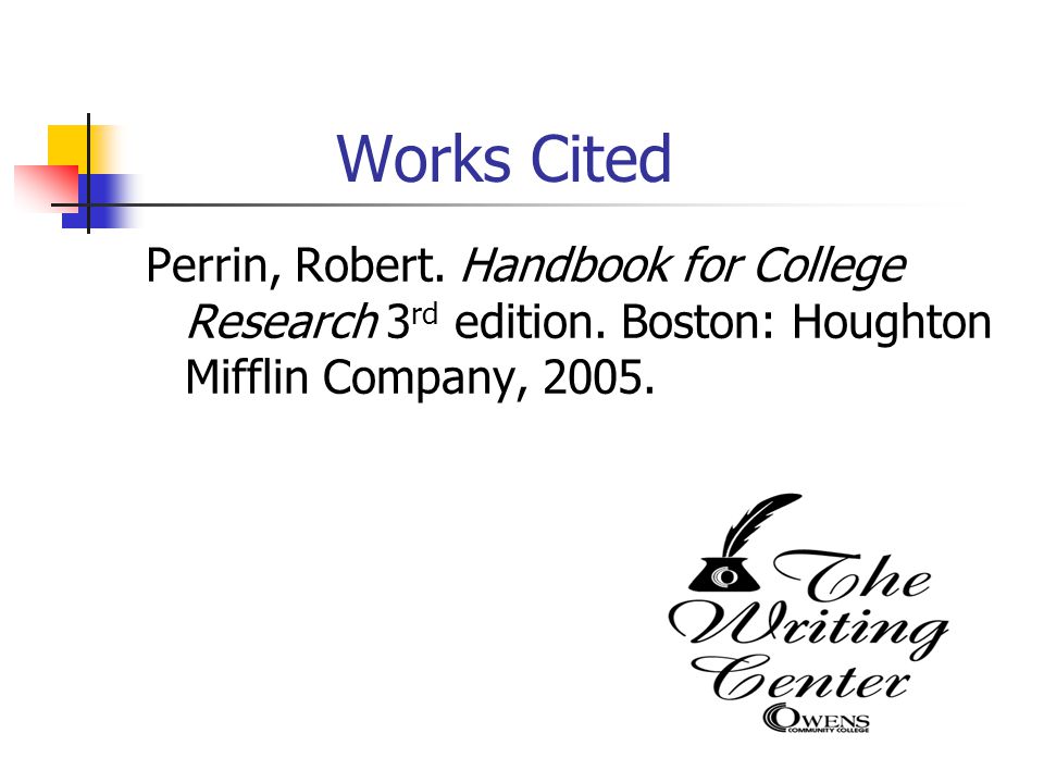 Works Cited Perrin, Robert. Handbook for College Research 3 rd edition.