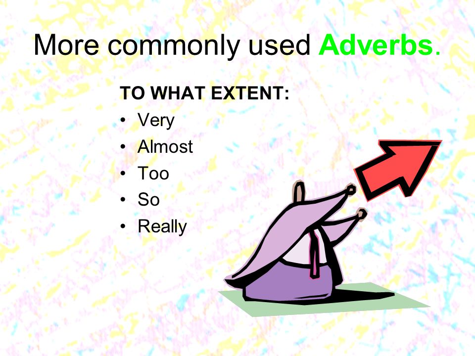 More commonly used Adverbs. TO WHAT EXTENT: Very Almost Too So Really