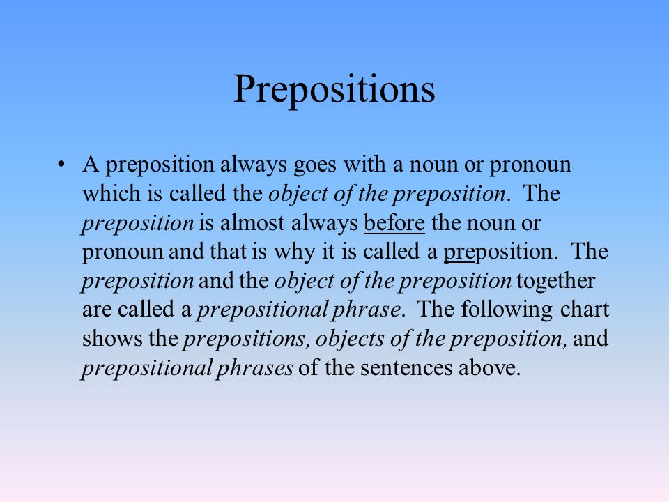 Prepositions A preposition always goes with a noun or pronoun which is called the object of the preposition.