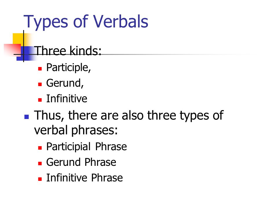 Types of Verbals Three kinds: Participle, Gerund, Infinitive Thus, there are also three types of verbal phrases: Participial Phrase Gerund Phrase Infinitive Phrase