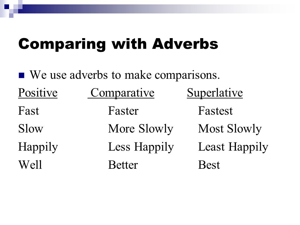 Comparing with Adverbs We use adverbs to make comparisons.
