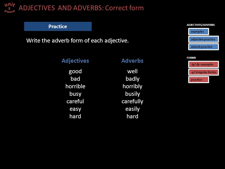 ADJECTIVES AND ADVERBS: Correct form 8 Practice Write the adverb form of each adjective.