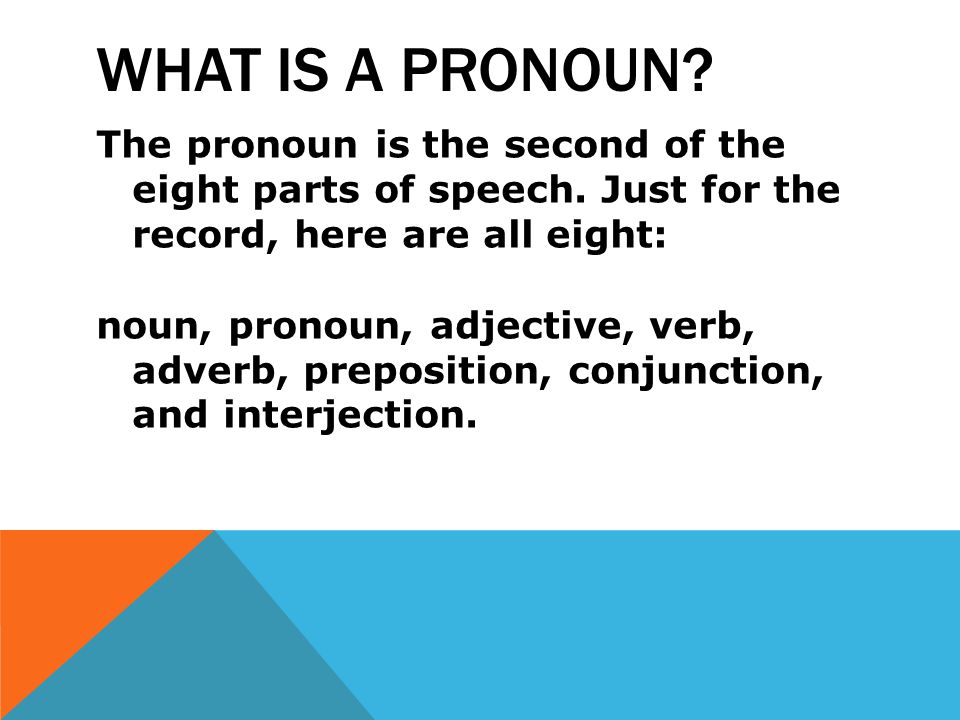 WHAT IS A PRONOUN. The pronoun is the second of the eight parts of speech.