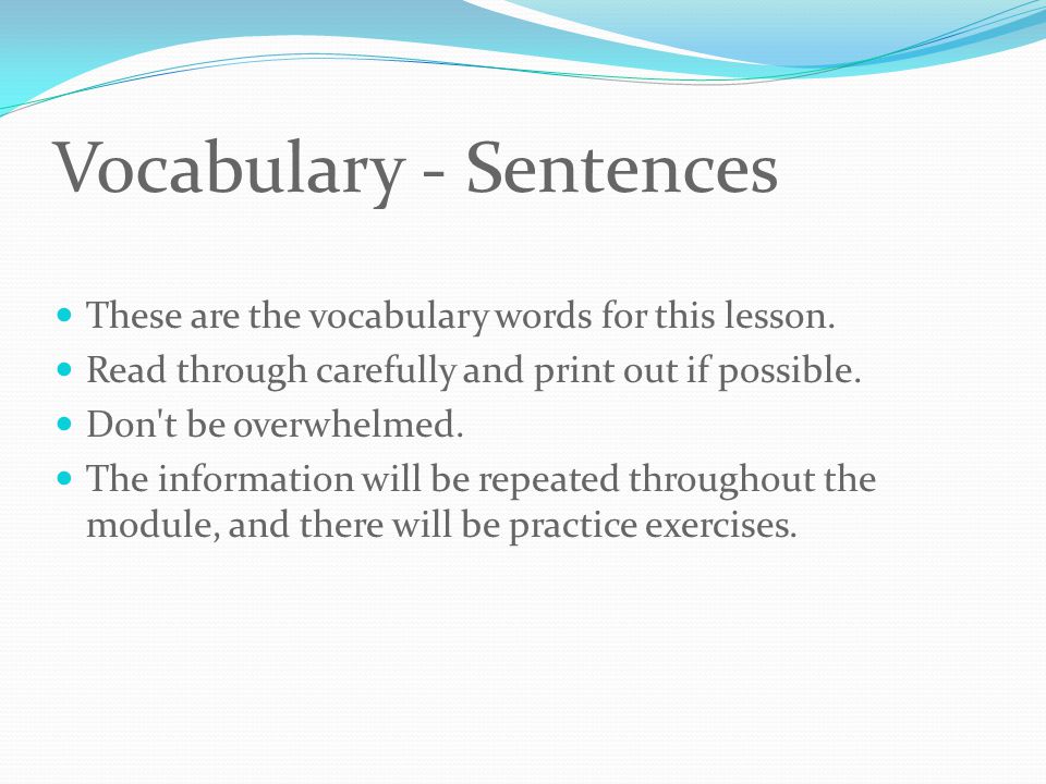 Vocabulary - Sentences These are the vocabulary words for this lesson.