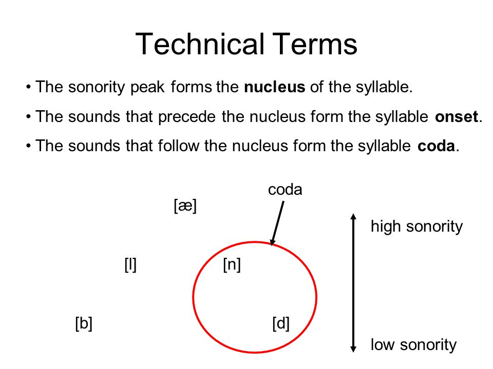 Technical Terms The sonority peak forms the nucleus of the syllable.