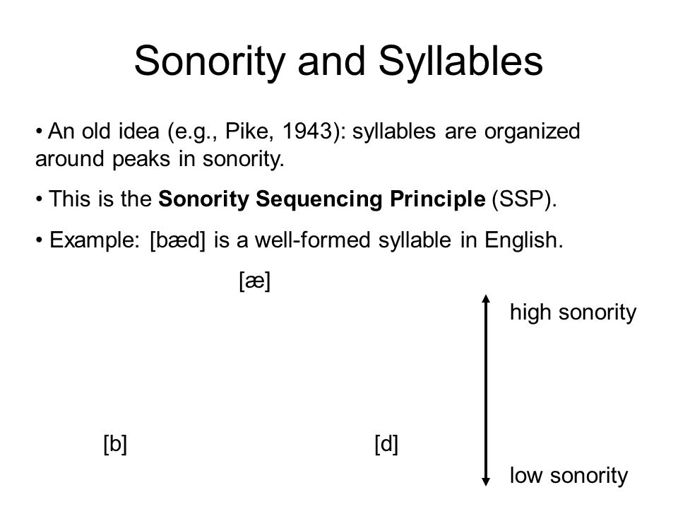 A Sonority Scale low vowels high vowels glides liquids nasals fricatives stops high sonority low sonority