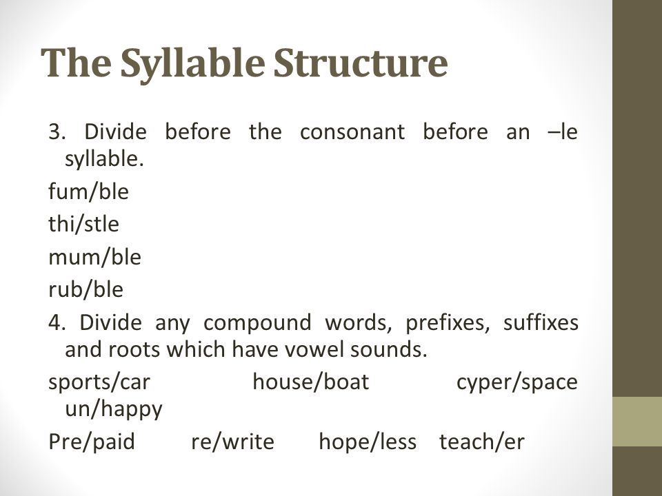 The Syllable Structure 3. Divide before the consonant before an –le syllable.