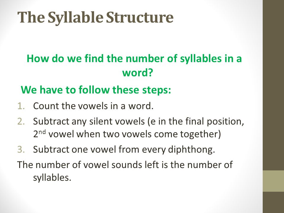 The Syllable Structure How do we find the number of syllables in a word.