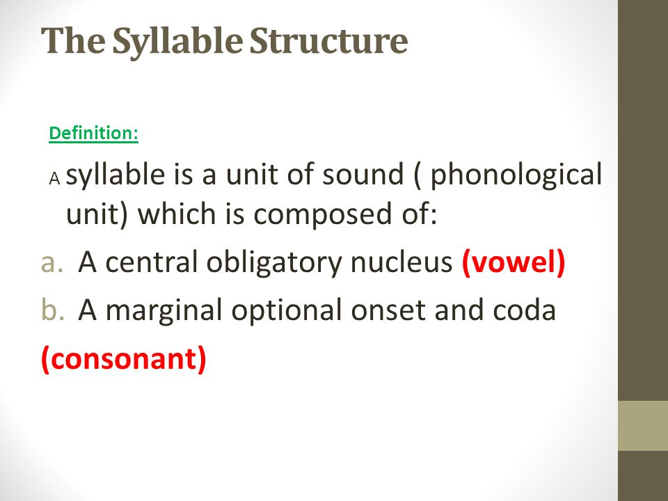 The Syllable Structure Definition: A syllable is a unit of sound ( phonological unit) which is composed of: a.A central obligatory nucleus (vowel) b.A marginal optional onset and coda (consonant)