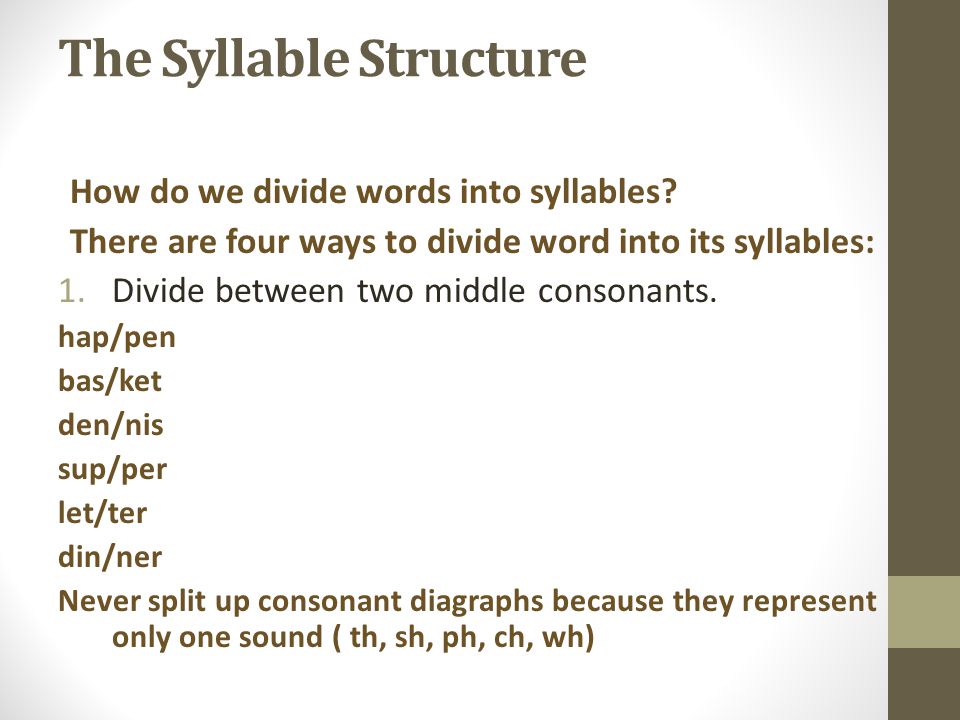 The Syllable Structure How do we divide words into syllables.