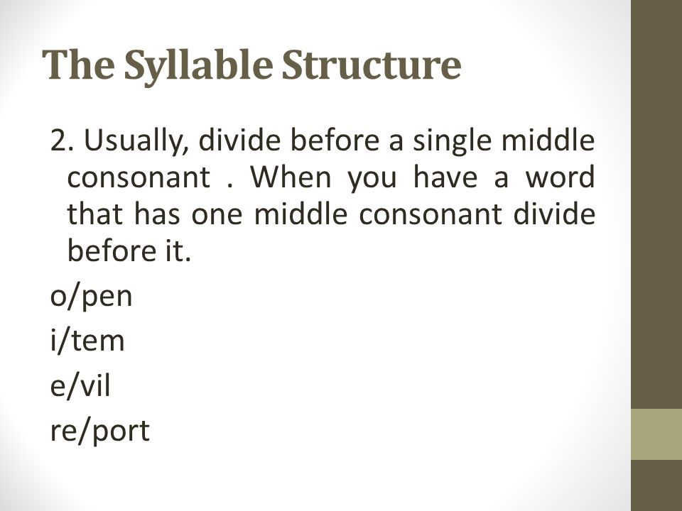 The Syllable Structure 2. Usually, divide before a single middle consonant.