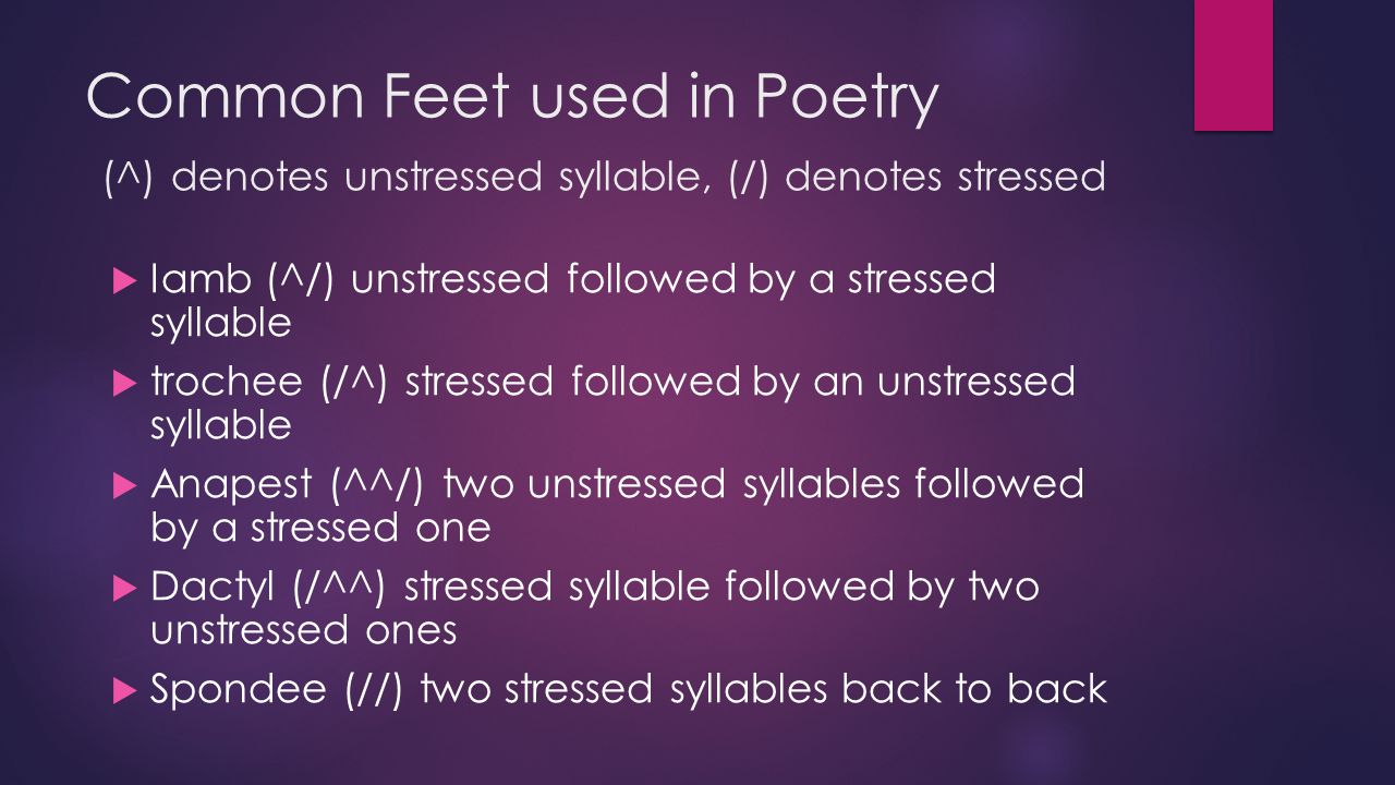Common Feet used in Poetry (^) denotes unstressed syllable, (/) denotes stressed  Iamb (^/) unstressed followed by a stressed syllable  trochee (/^) stressed followed by an unstressed syllable  Anapest (^^/) two unstressed syllables followed by a stressed one  Dactyl (/^^) stressed syllable followed by two unstressed ones  Spondee (//) two stressed syllables back to back