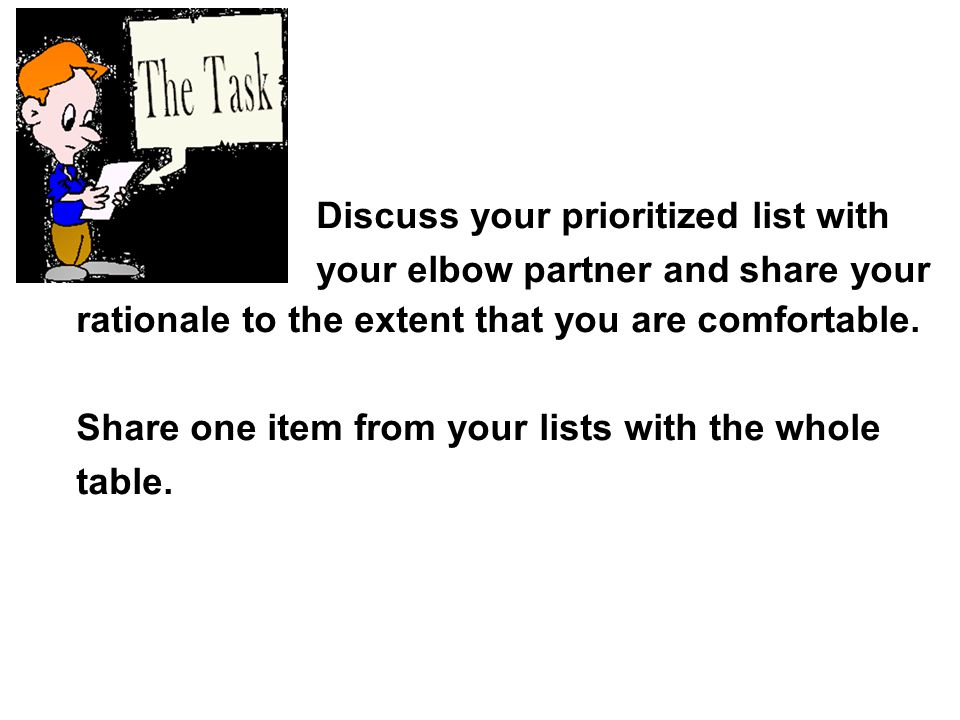 Discuss your prioritized list with your elbow partner and share your rationale to the extent that you are comfortable.