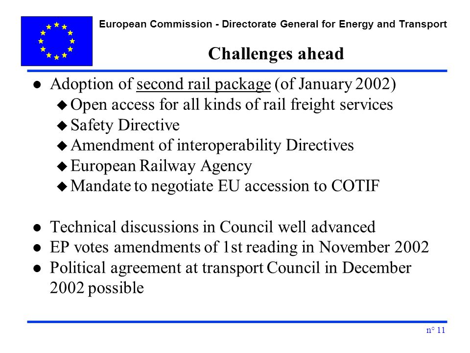 European Commission - Directorate General for Energy and Transport n° 11 Challenges ahead l Adoption of second rail package (of January 2002) u Open access for all kinds of rail freight services u Safety Directive u Amendment of interoperability Directives u European Railway Agency u Mandate to negotiate EU accession to COTIF l Technical discussions in Council well advanced l EP votes amendments of 1st reading in November 2002 l Political agreement at transport Council in December 2002 possible