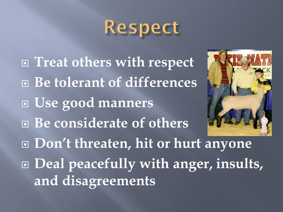  Treat others with respect  Be tolerant of differences  Use good manners  Be considerate of others  Don’t threaten, hit or hurt anyone  Deal peacefully with anger, insults, and disagreements