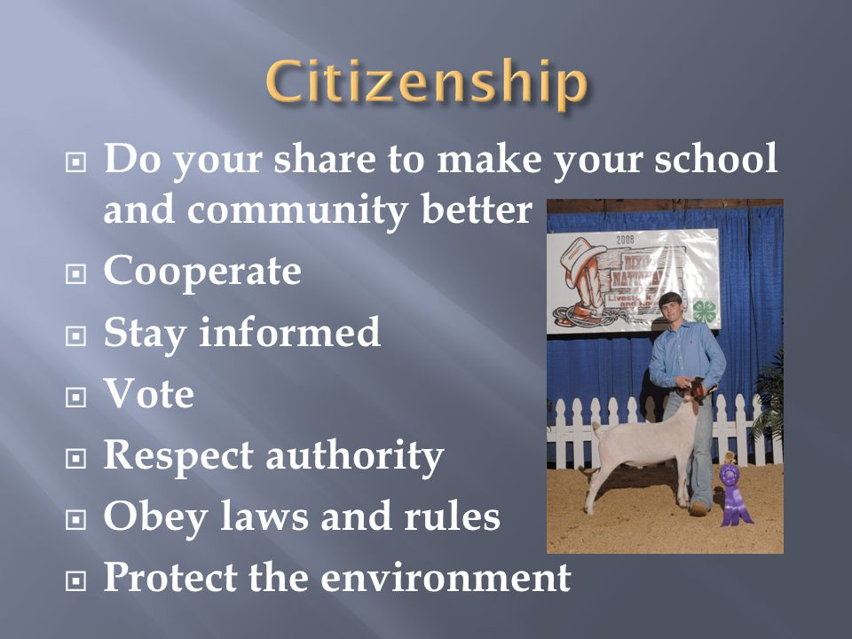  Do your share to make your school and community better  Cooperate  Stay informed  Vote  Respect authority  Obey laws and rules  Protect the environment