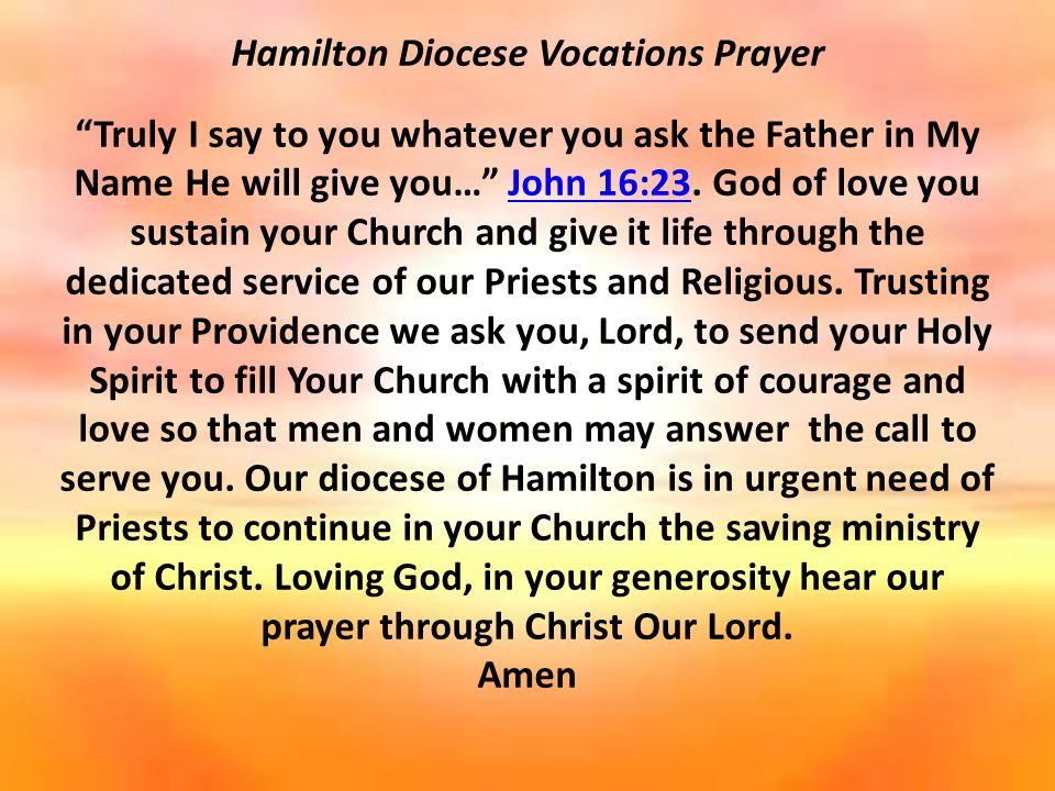 Hamilton Diocese Vocations Prayer Truly I say to you whatever you ask the Father in My Name He will give you… John 16:23.