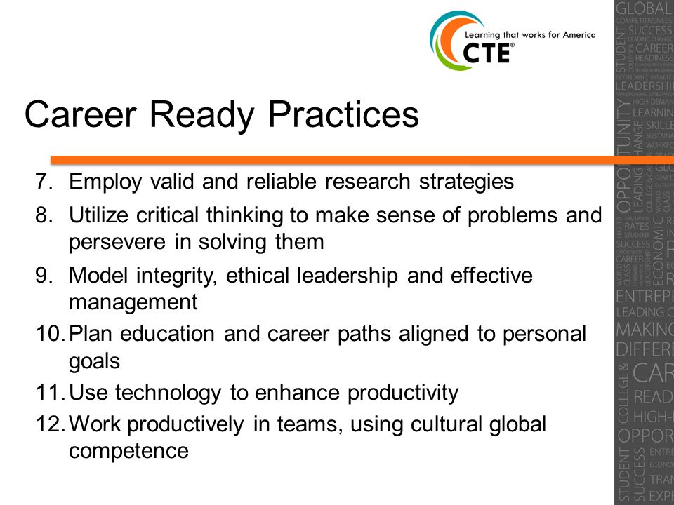 Career Ready Practices 7. Employ valid and reliable research strategies 8.