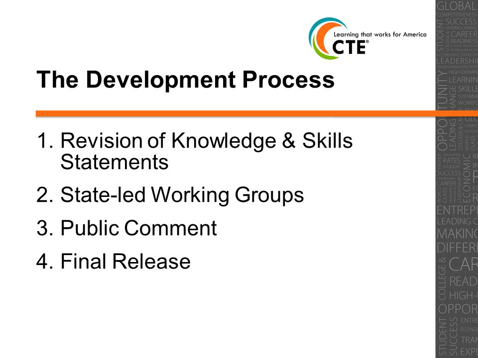 The Development Process 1. Revision of Knowledge & Skills Statements 2.