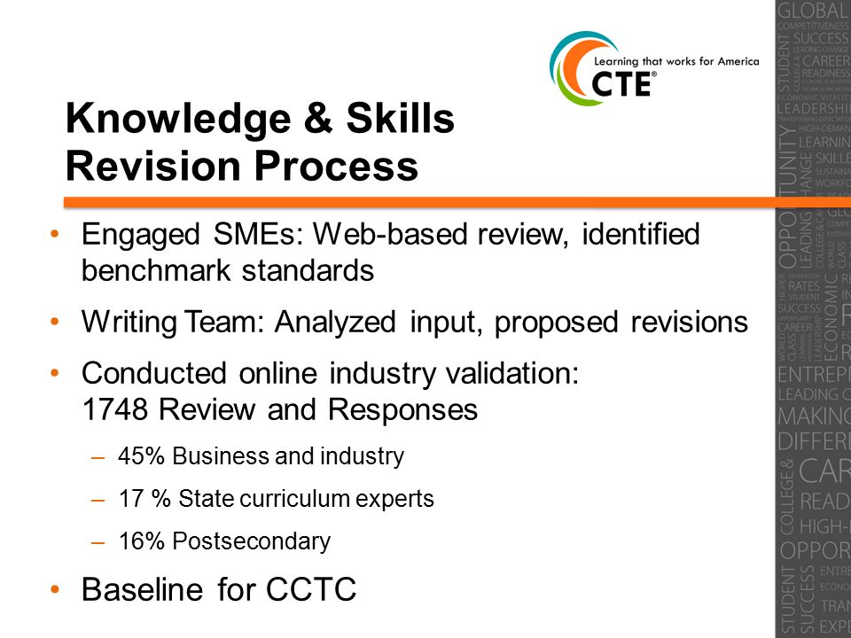 Knowledge & Skills Revision Process Engaged SMEs: Web-based review, identified benchmark standards Writing Team: Analyzed input, proposed revisions Conducted online industry validation: 1748 Review and Responses –45% Business and industry –17 % State curriculum experts –16% Postsecondary Baseline for CCTC